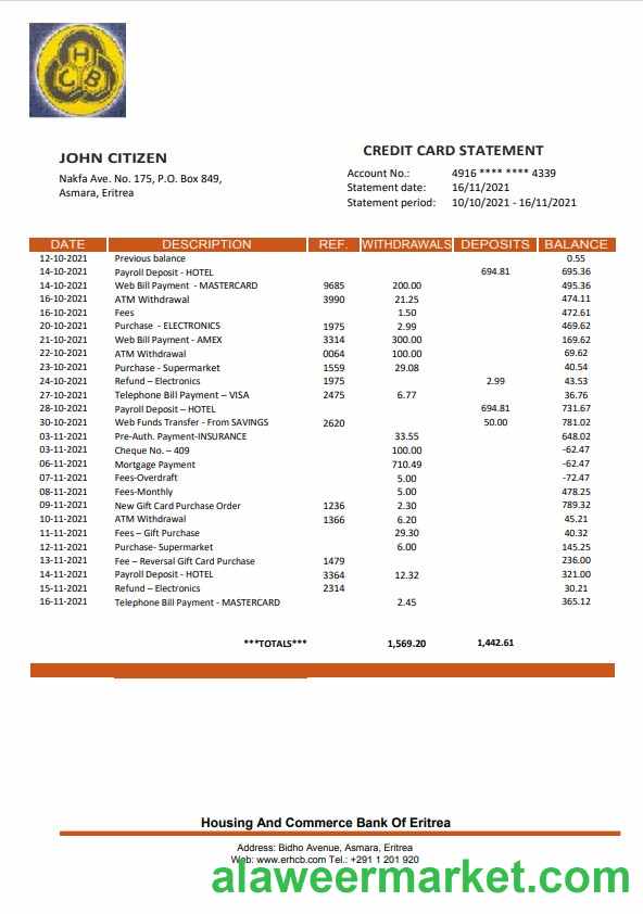 Eritrea Housing and Commerce bank statement template, Word and PDF format